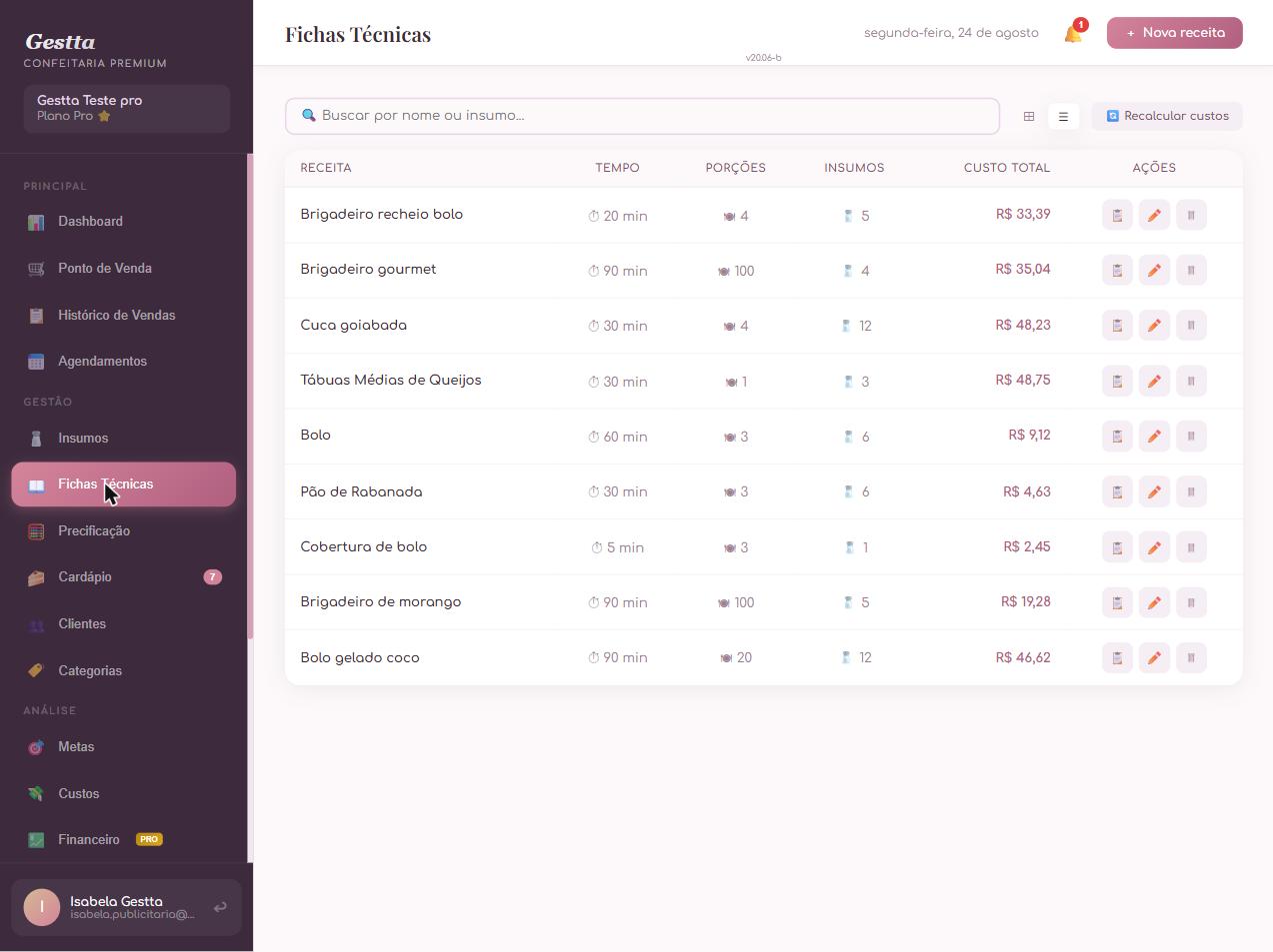 Lista de fichas técnicas com custo total calculado automaticamente